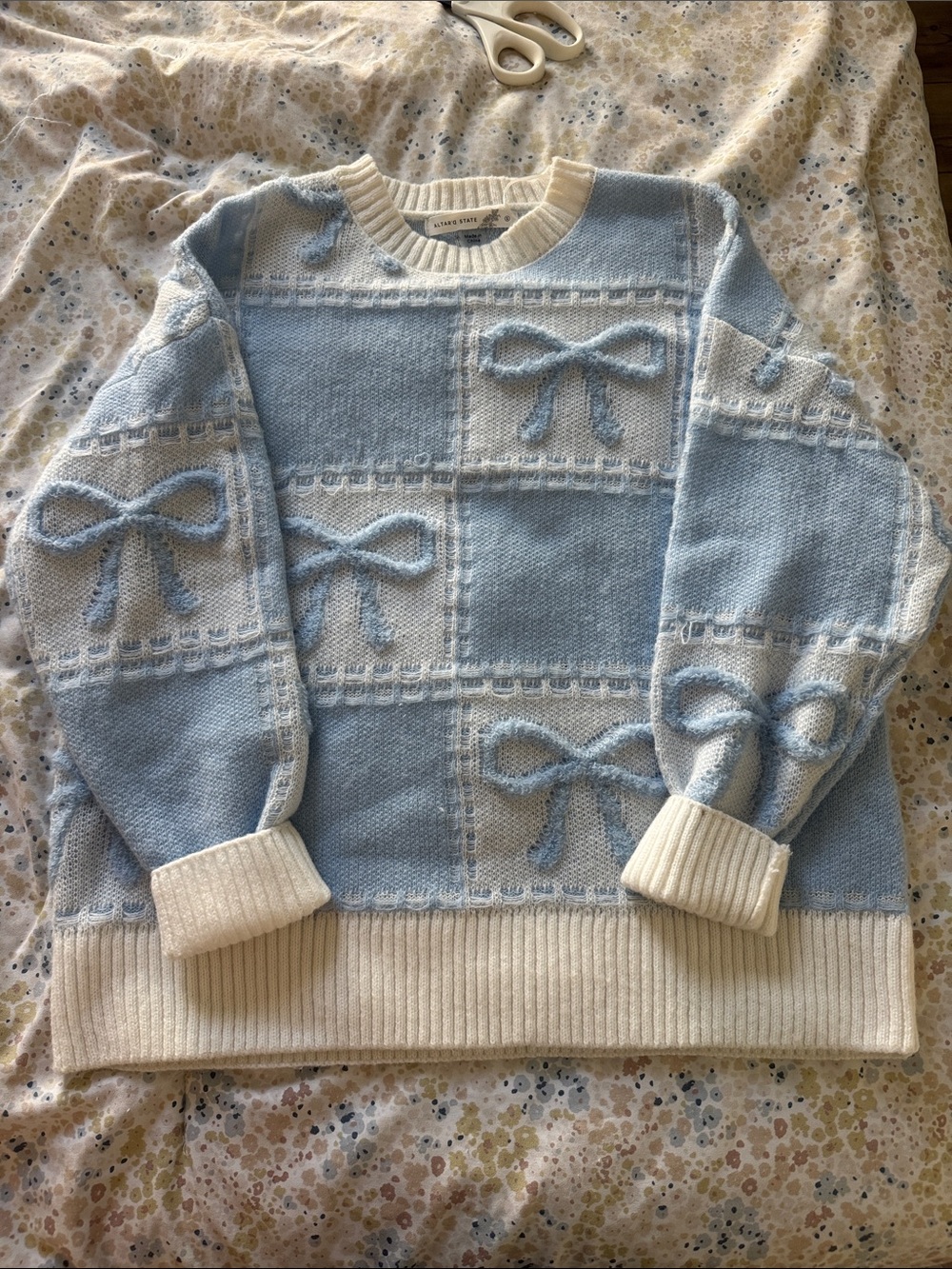 Altar'd State Light Blue & Cream Bow-Appliqué Crewneck Sweater